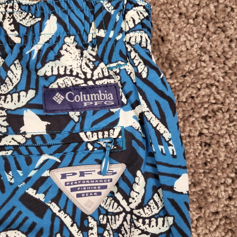 Columbia PFG Shorts Mens XL Blue Palm Tree Shark Fishing Mesh Lined 6in